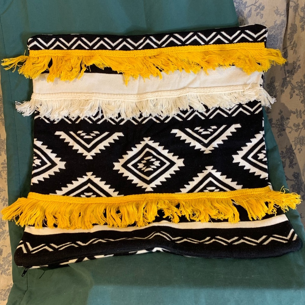 NWT Merchant 41 18” Boho Pillow Case Cover Black Yellow Fringe